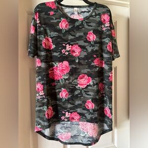 Lularoe Irma. Pixilated camo with pink roses. Size XXS. NWOT